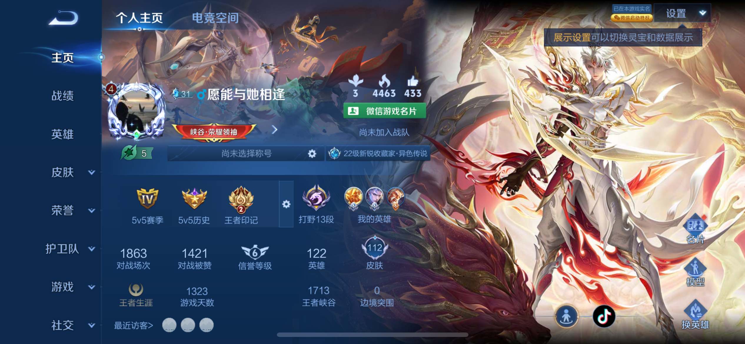 王者荣耀账号苹果VX122英雄-112皮肤-传说品质5-史诗品质23愿照·众生和-愿照·九州拓-齐天大圣-绛天战甲-鸣野